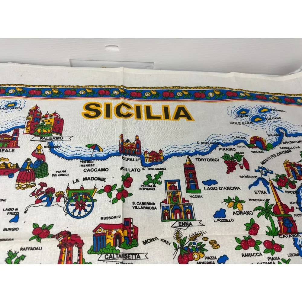 VTG SICILIA Sicily Cotton Tea Towel Dish Kitchen Towel Map Landmarks Crest 23x34